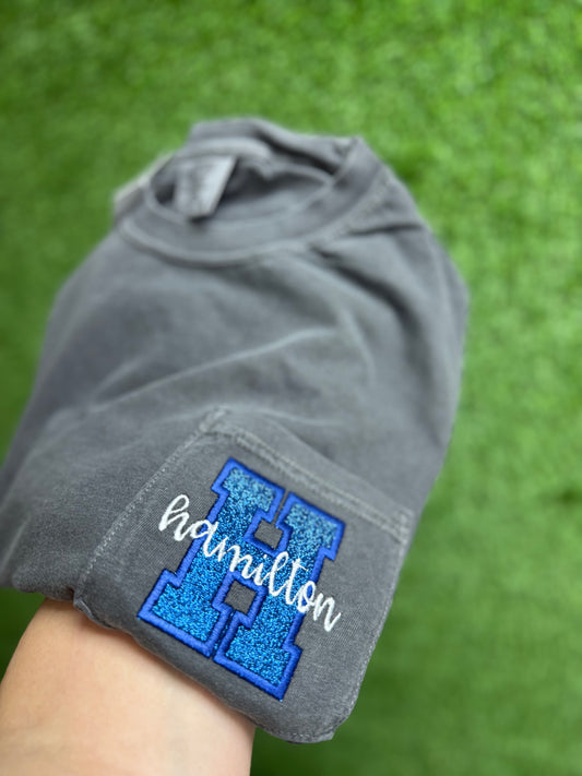 Embroidered pocket glitter school spirit