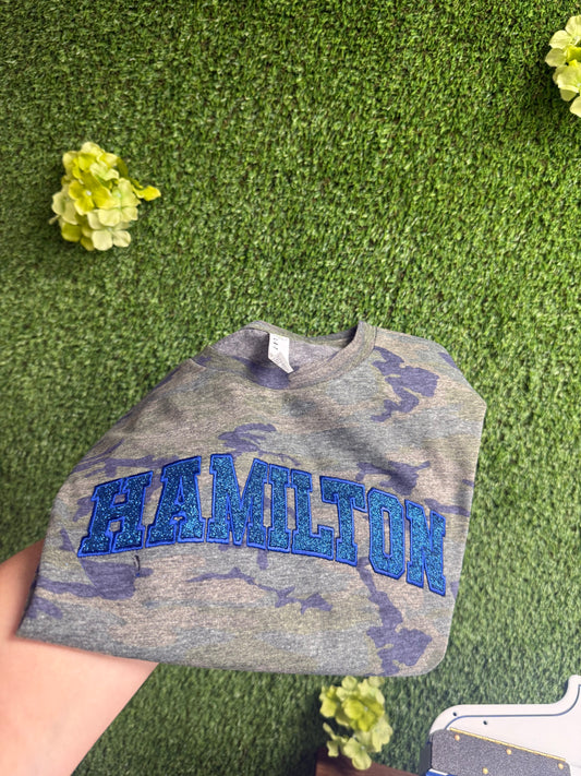 Camo glitter embroidered school mascot