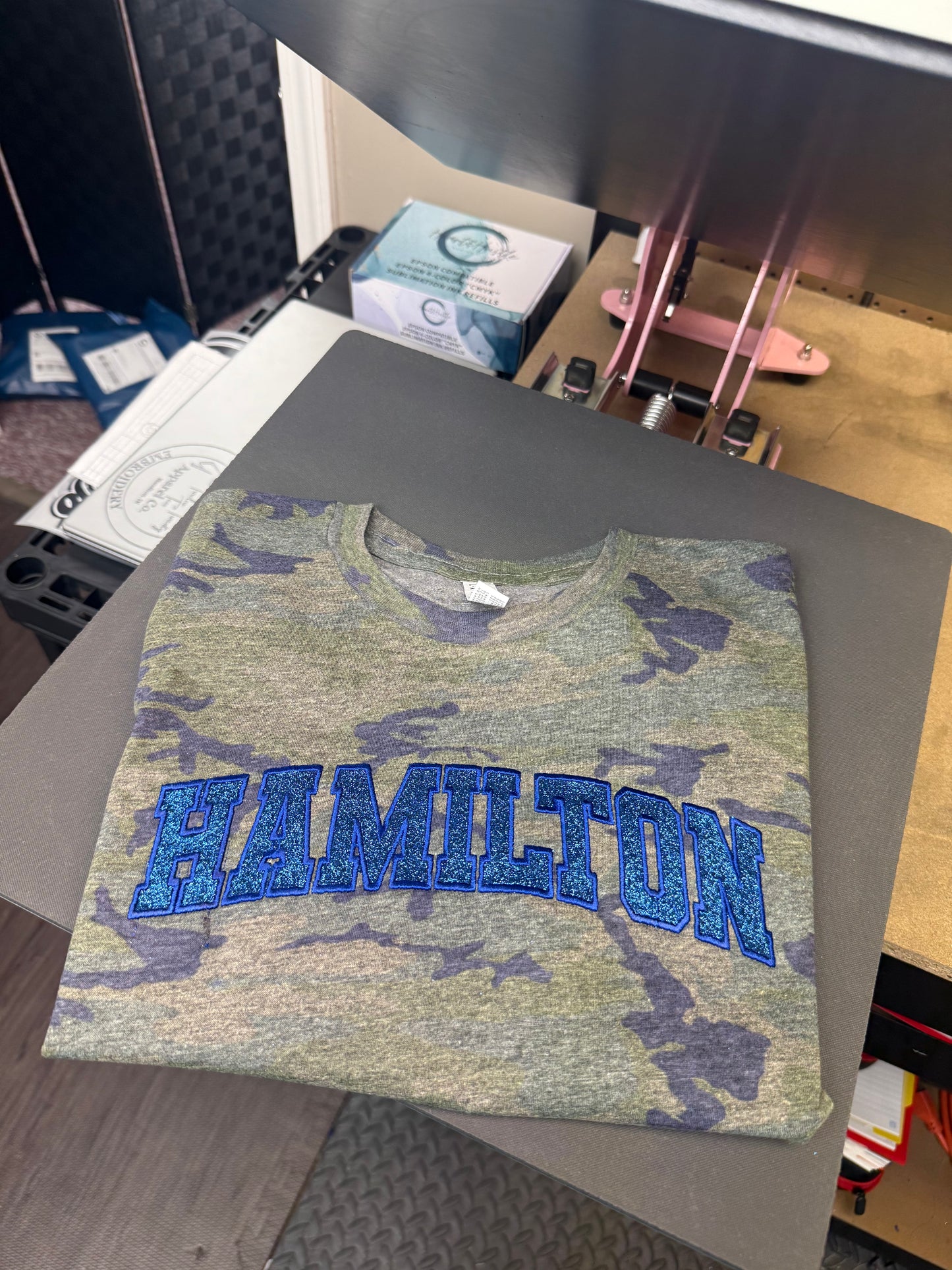 Camo glitter embroidered school mascot