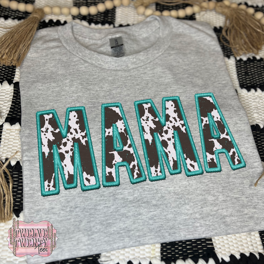 Mama cow/teal faux embroidery